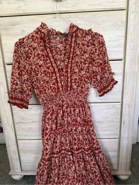 Max Studio Red Floral Smocked Waist Maxi Dress